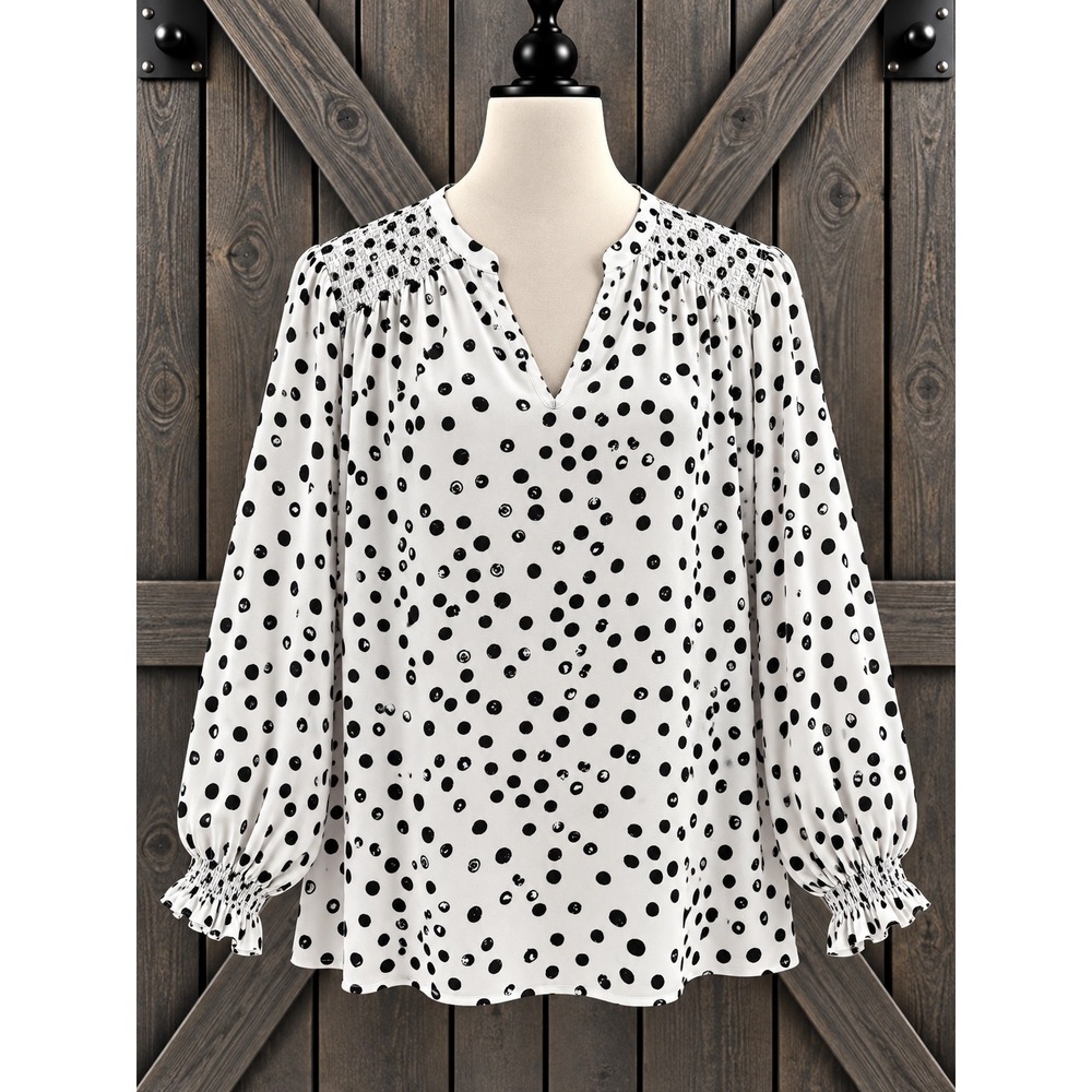 Belle by Kim Gravel Blouse 2X White Black Dot Print Smocked V-Neck Long Sleeve